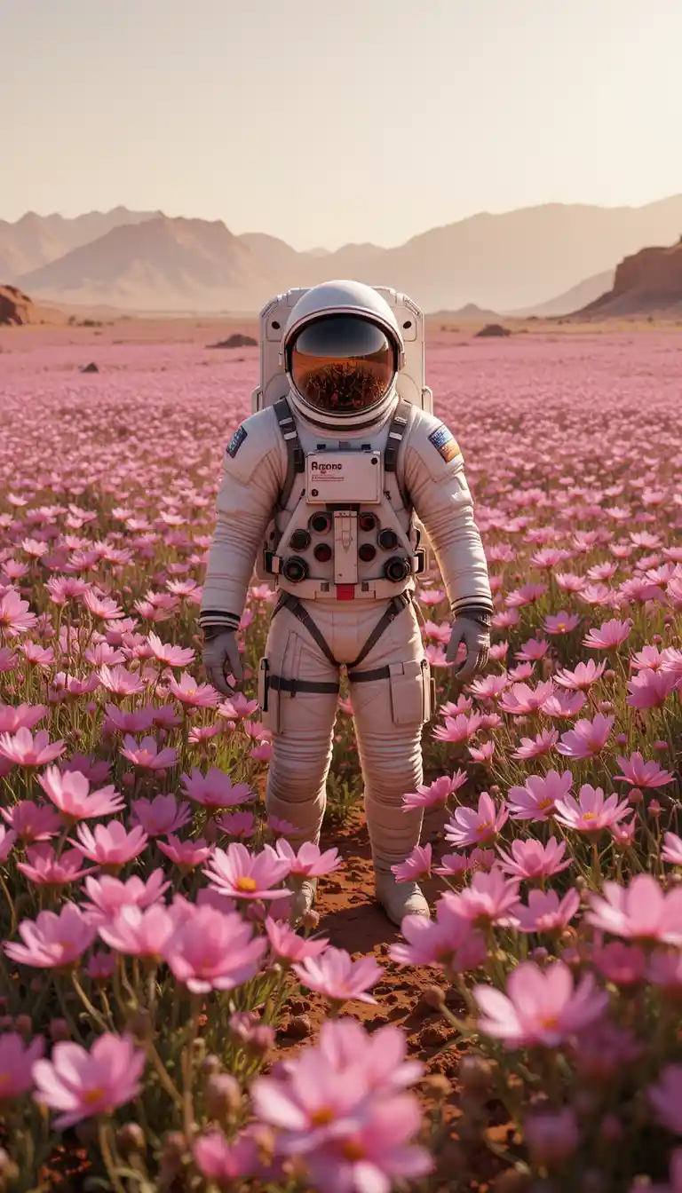 Astronaut steht in rosa Kosmosblumen auf dem Mars