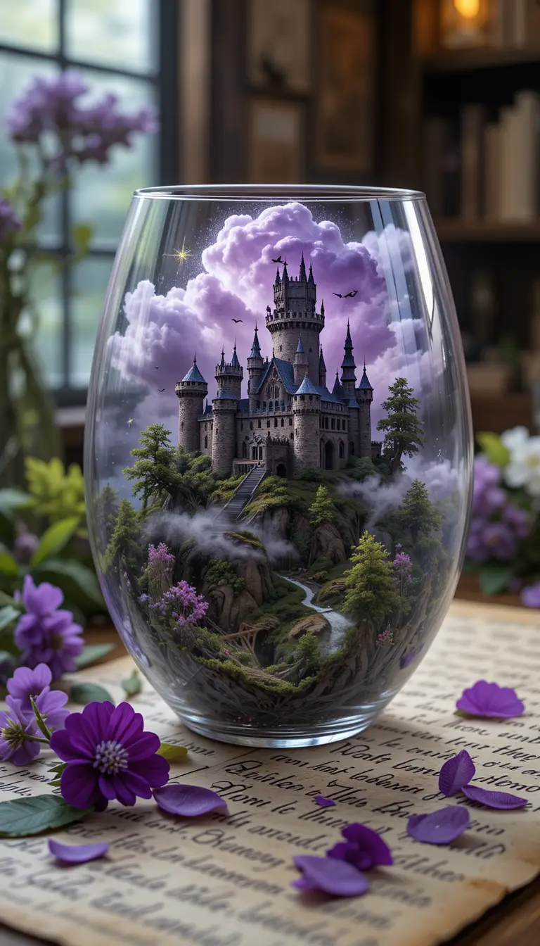 Antique wine glass cube revealing enchanted forest and castle