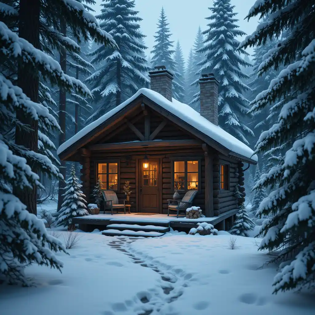 Cozy Wooden Cabin In A Quiet Snowy Forest