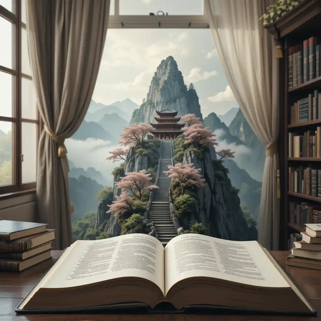 Ancient open book revealing a mountain and monastery