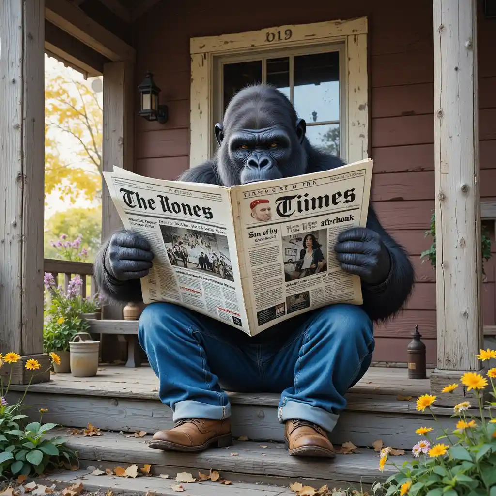 Gorilla in jeans che legge il giornale sul colorato portico di una fattoria