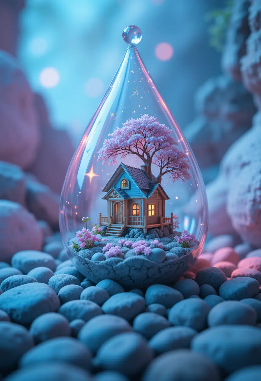 Winziges Glashaus und Baum in surrealer Tränenszene