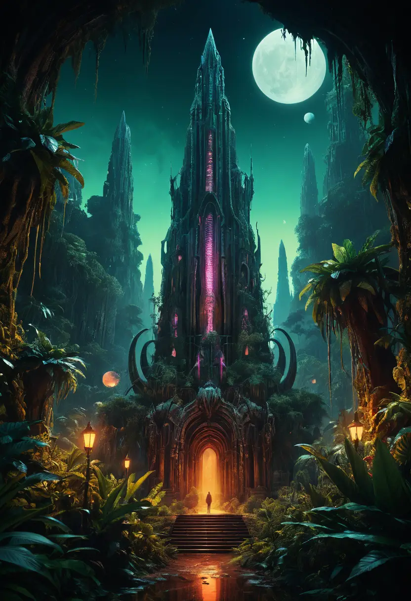 Eldritch-Neon-Kreatur erhebt sich in der dunklen Dschungelnacht