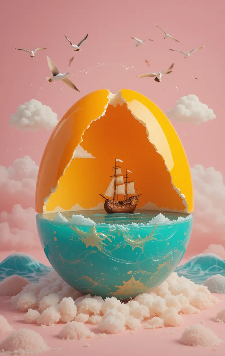 Œuf orange surréaliste révélant un monde océanique paisible