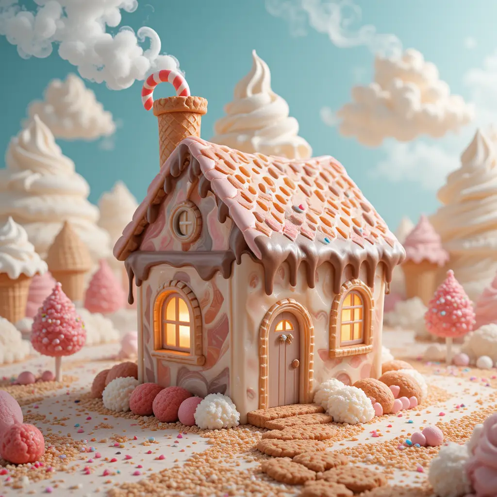 Casa de Sorvete Mágica em uma Paisagem Fantástica de Doces