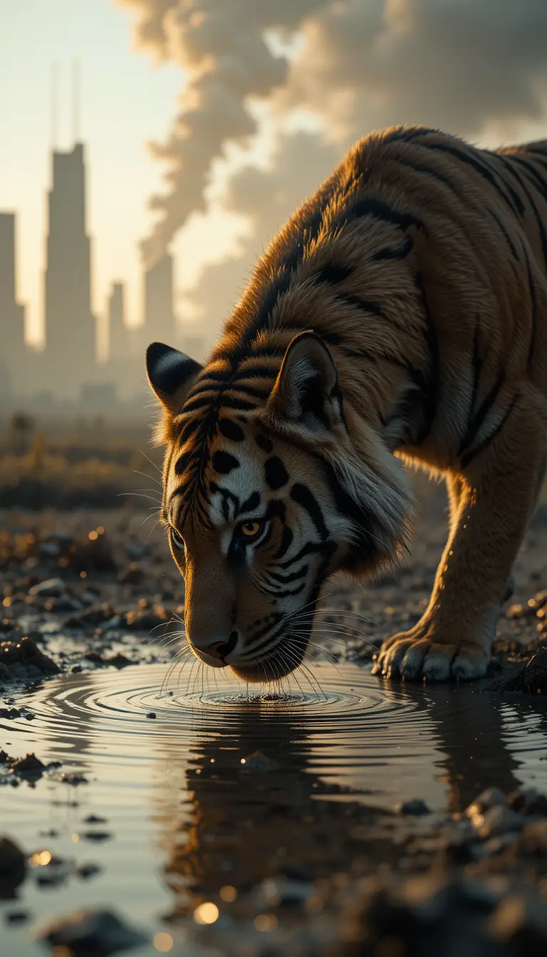 Bengaltiger trinkt aus Pfütze in zerstörter Stadt