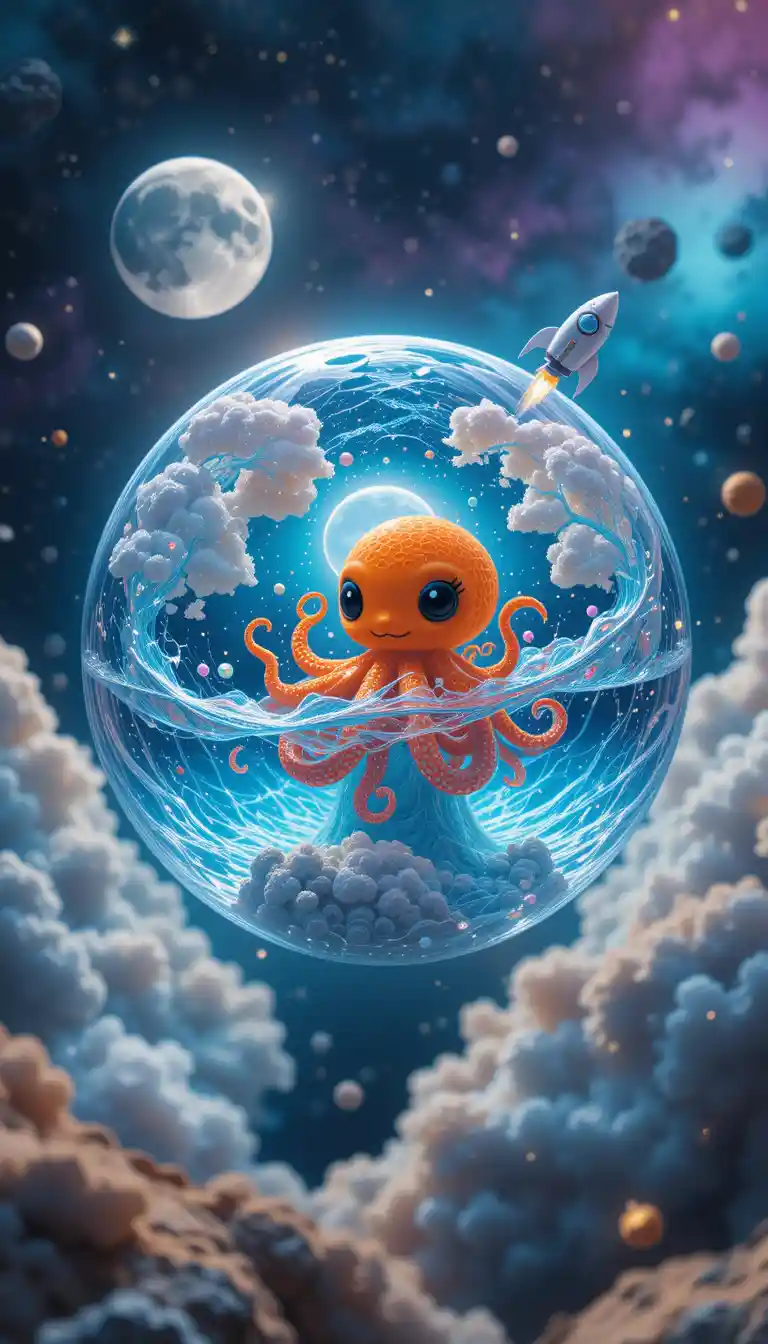 Transparent cloud earth sphere with baby octopus in space