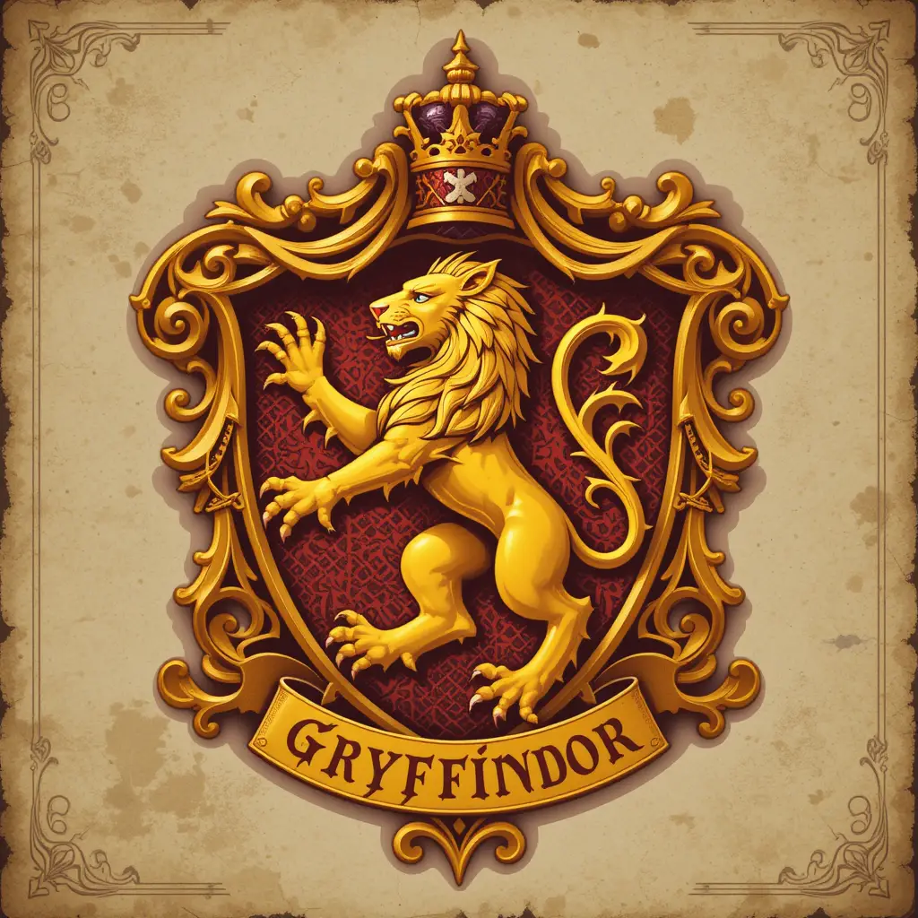 Lion doré majestueux sur un bouclier héraldique rouge et or