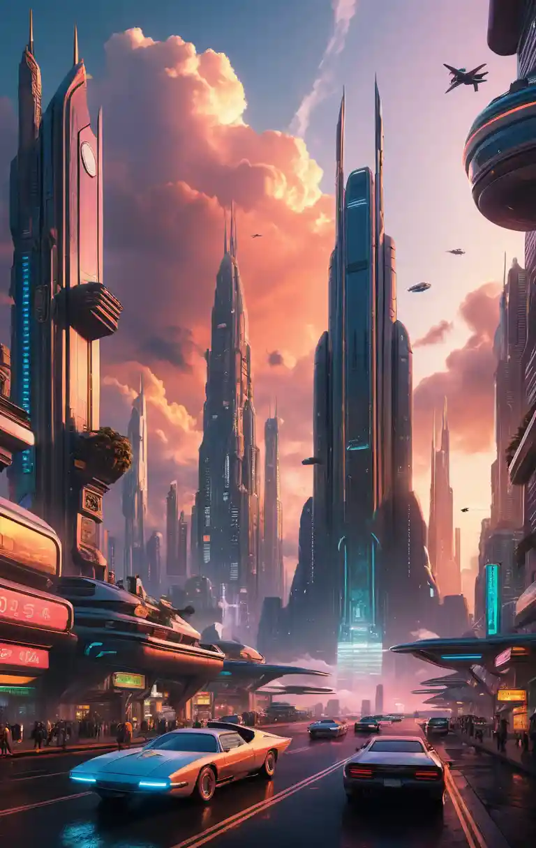 Futuristic city skyline at sunset with flying cars