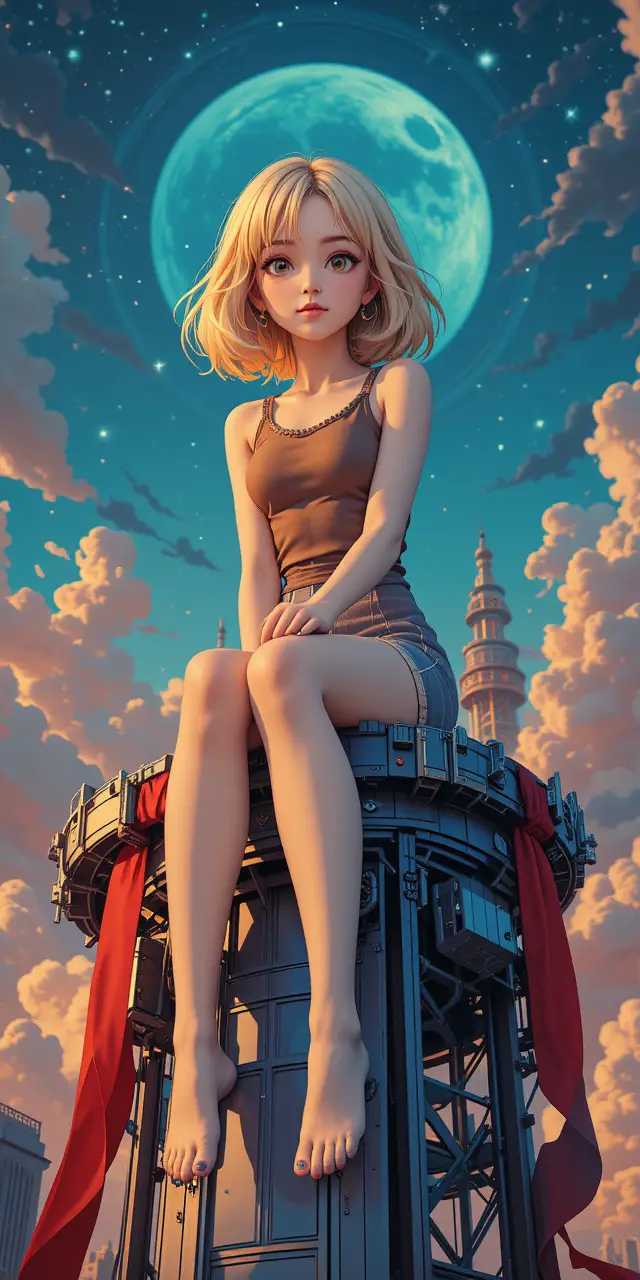 Anime-Mädchen mit kurzem blonden Bob auf surrealem Tech-Turm