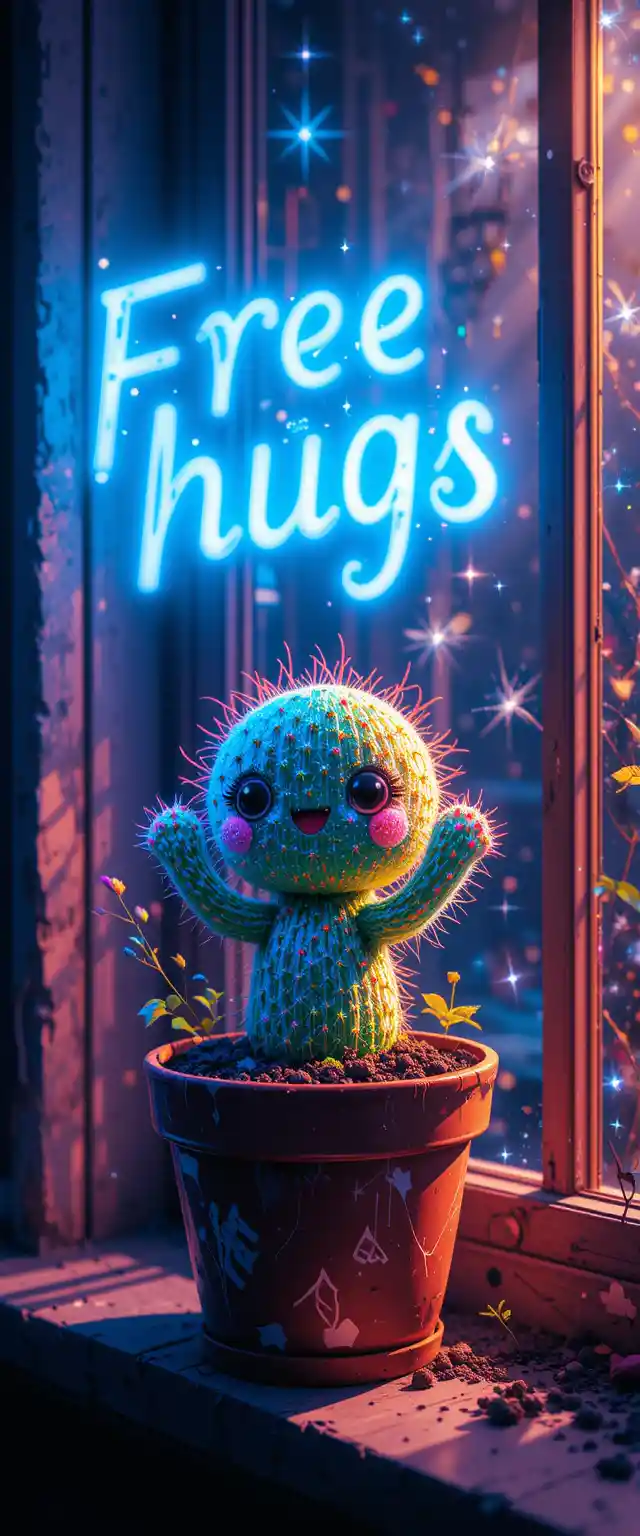 Cactus chibi che offre abbracci gratis alla finestra