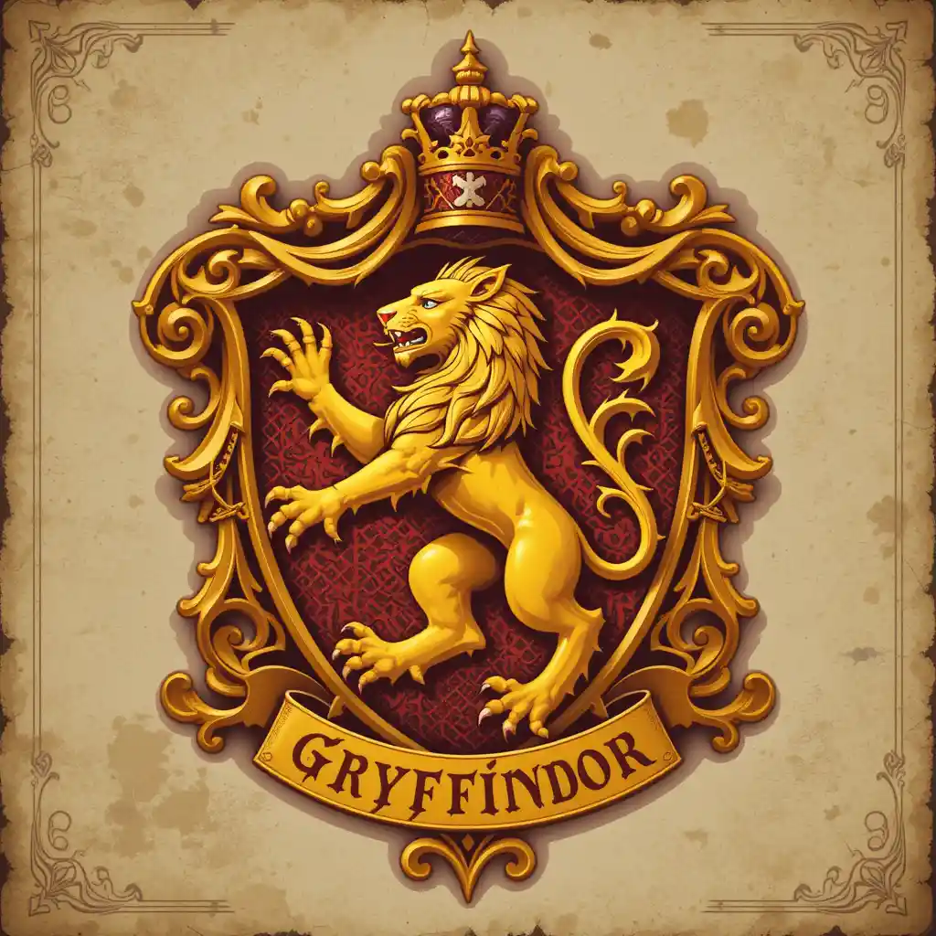 Maestoso leone dorato su scudo araldico rosso e oro