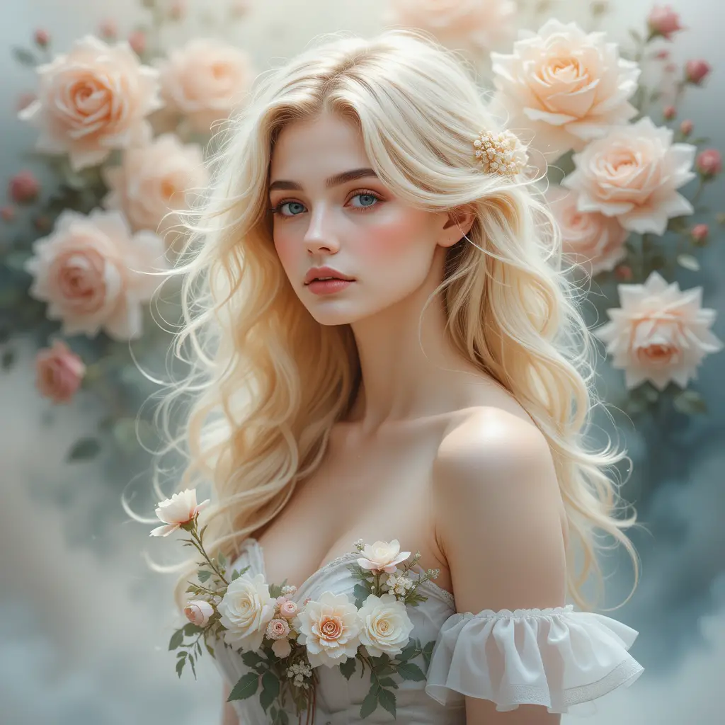Ritratto romantico ad acquerello di una donna bionda con rose