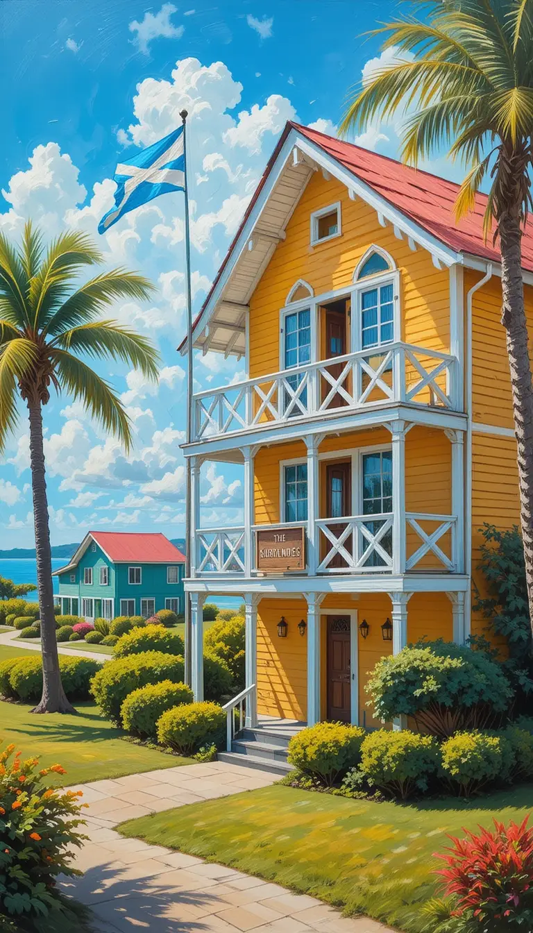 Peinture Colorée de Maison Tropicale avec Palmiers et Drapeau