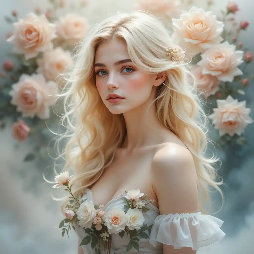 Ritratto romantico ad acquerello di una donna bionda con rose