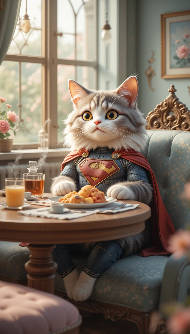 Gatto Supereroe alla Moda che si Rilassa in un Accogliente Angolo Colazione