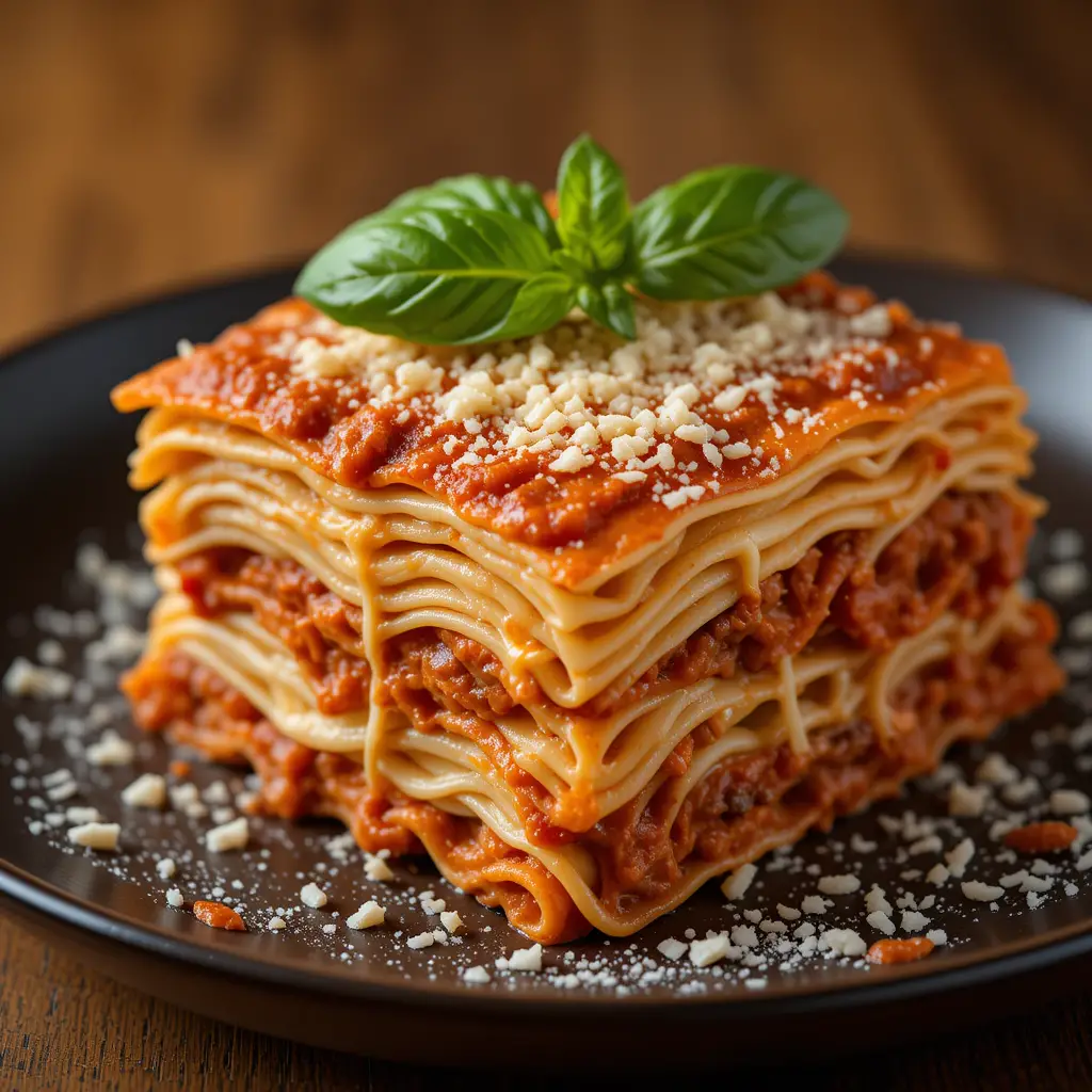 Gros plan de lasagnes avec fromage fondu et garniture de basilic