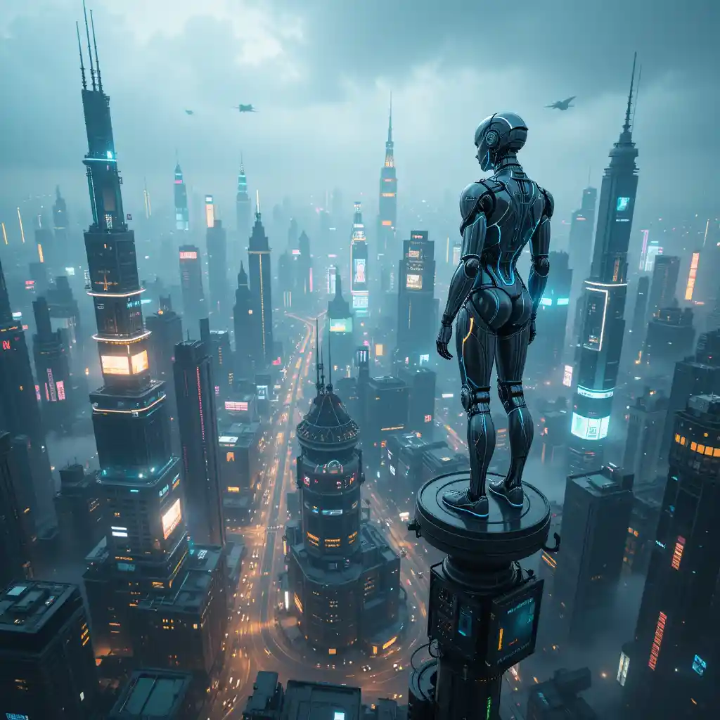Futuristic Robot Overlooking Neon Cyberpunk Cityscape