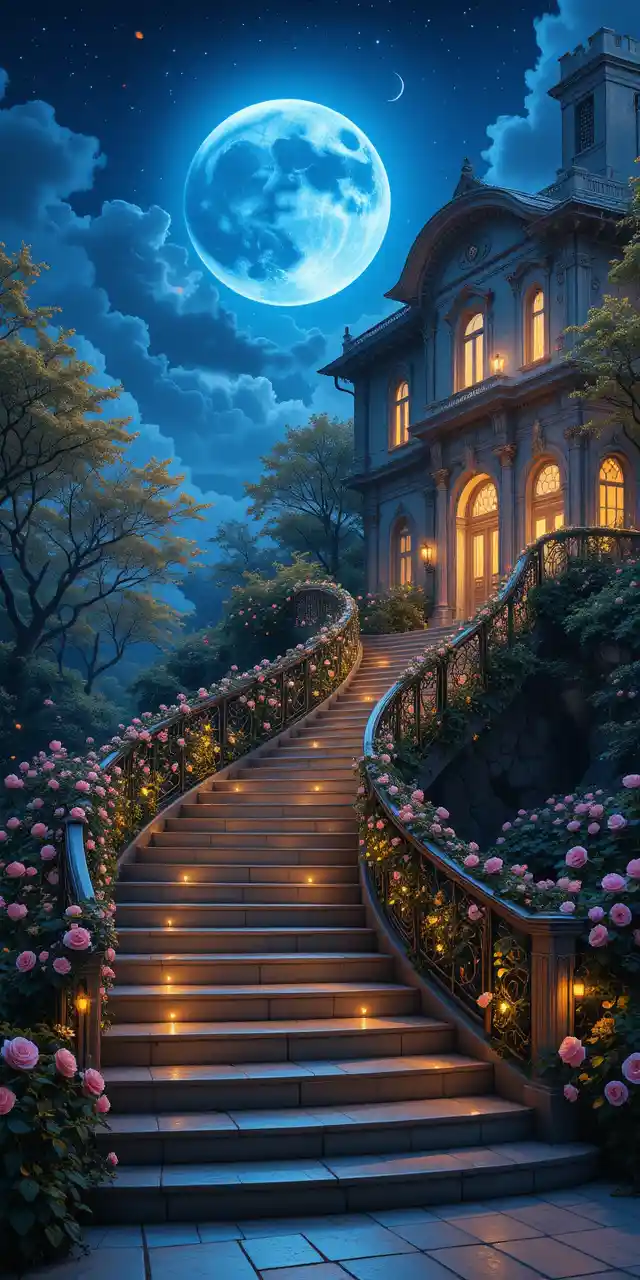 Enchanted Staircase Leading To A Glowing Nighttime Mansion
