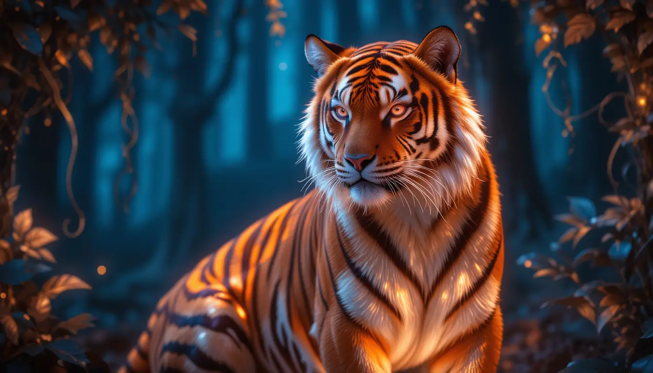 Tigre bioluminescente che brilla delicatamente in una foresta oscura