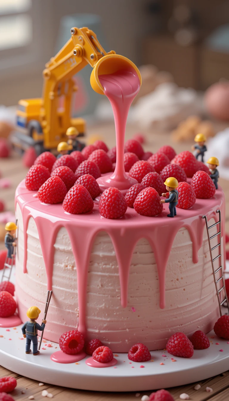 Mini-Arbeiter bauen eine Himbeer-Sorbet-Torte – Konstruktionsszene