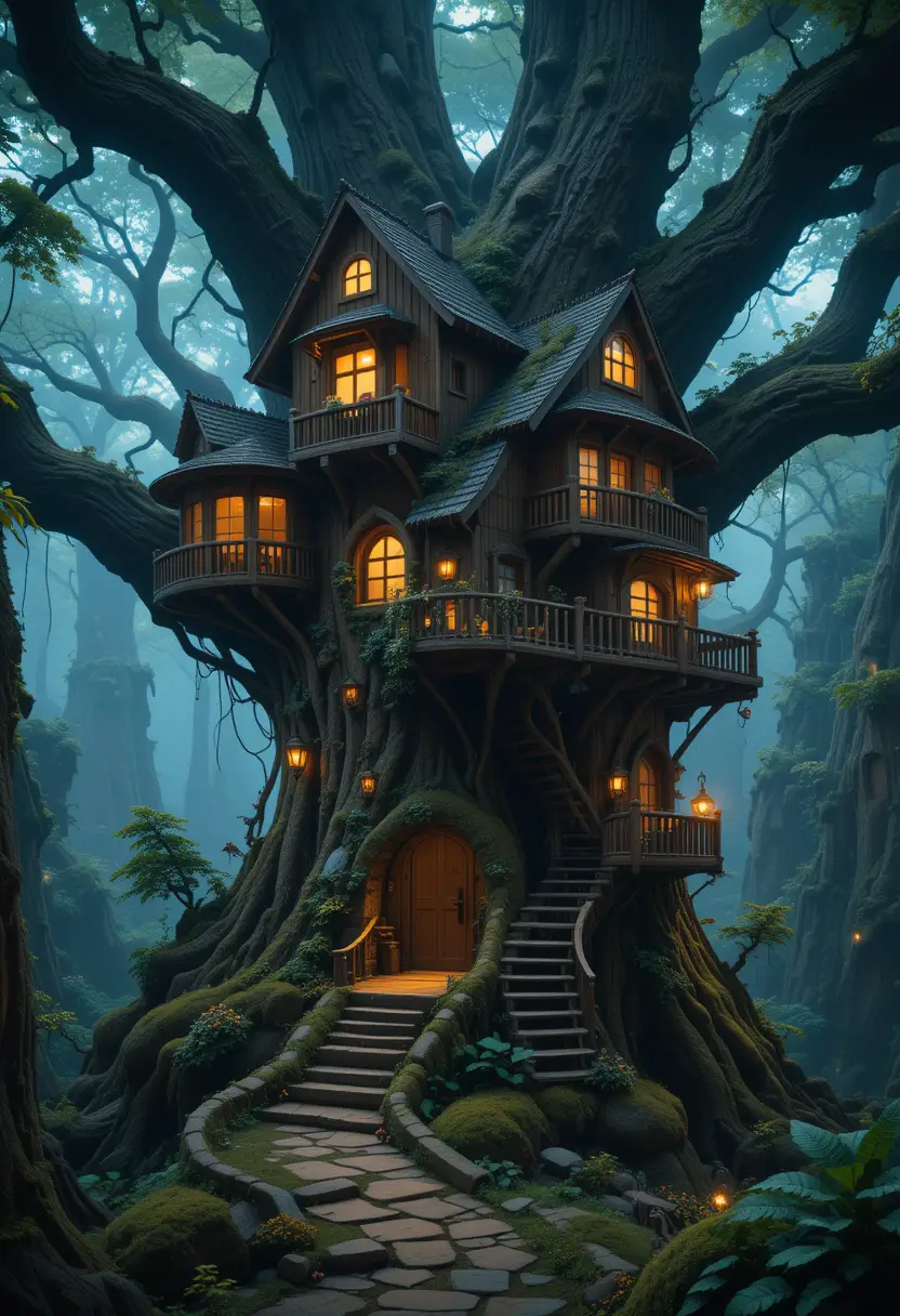Accogliente casa sull’albero fantasy in un antico bosco mistico