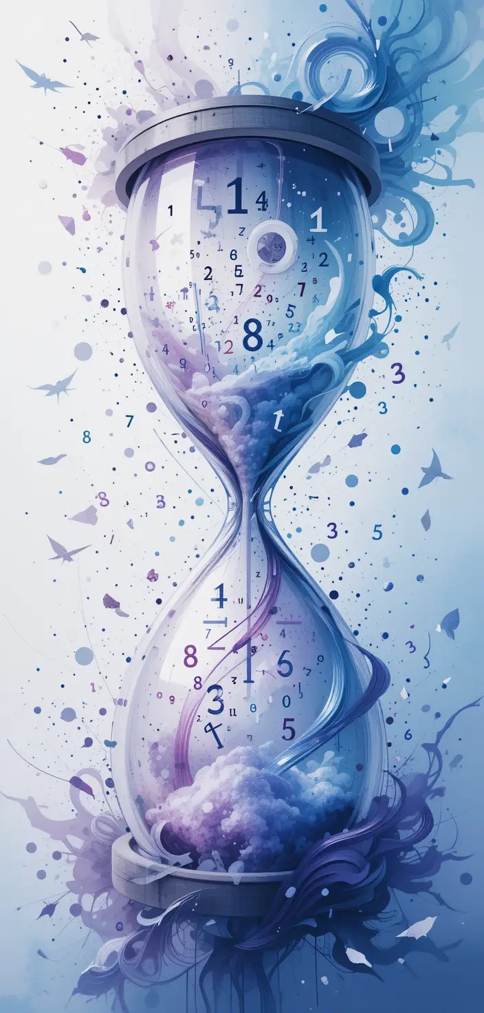 Surreal watercolor hourglass filled with flying numbers