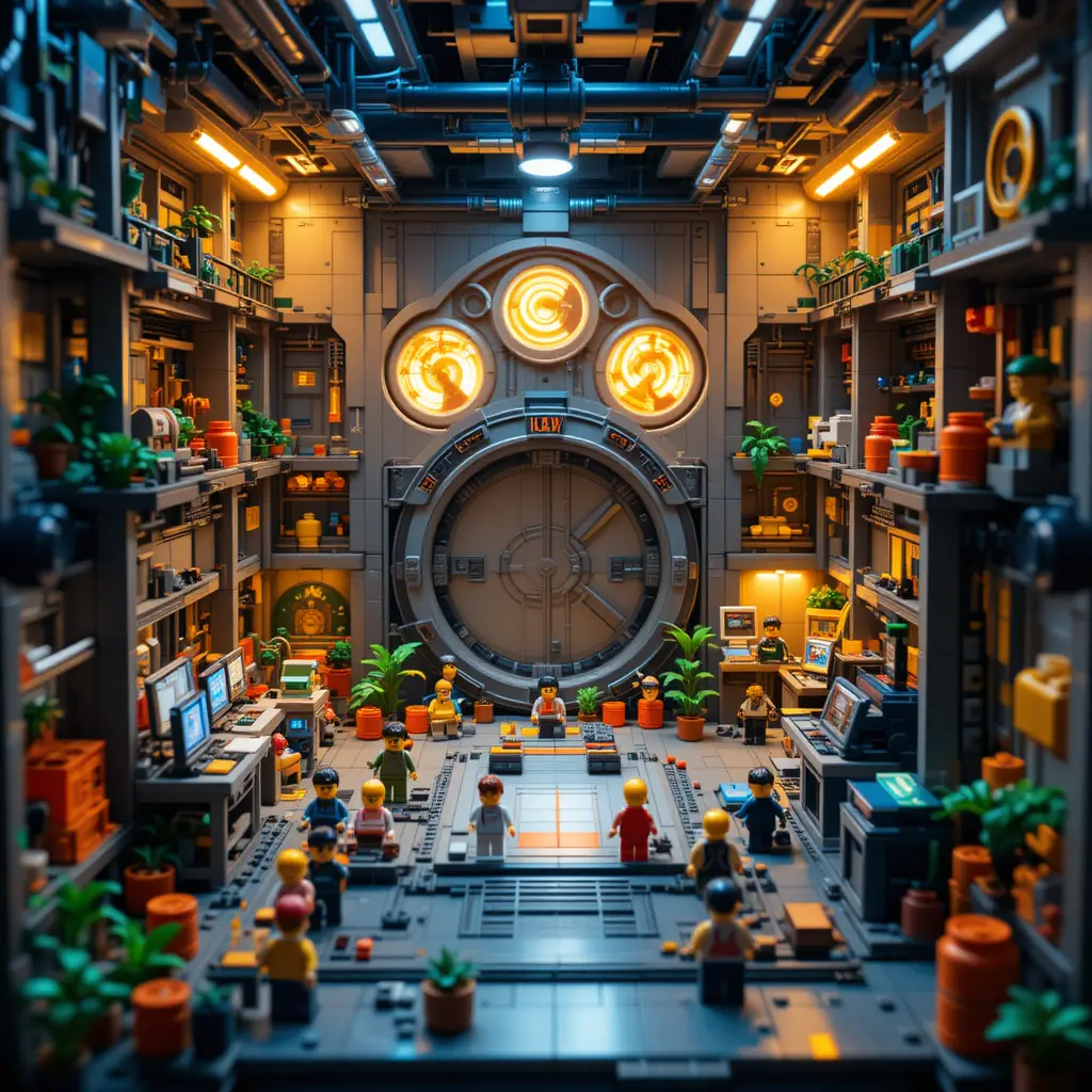 Espaço industrial futurista de LEGO com área de trabalho em vários níveis