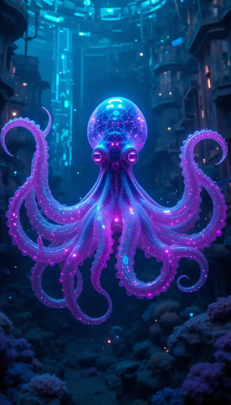 Futuristic Neon Octopus Swimming In A Deep Underwater City