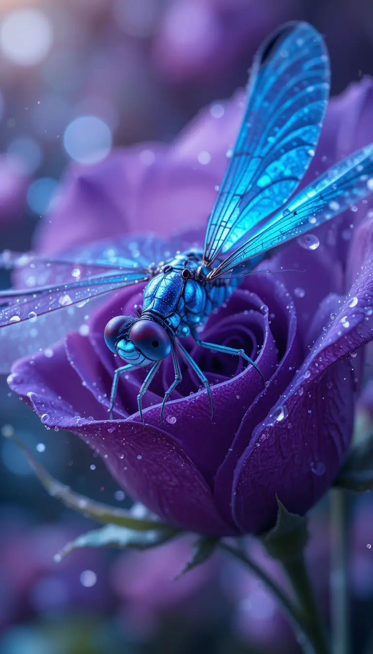 Makro-Libelle, die in einer leuchtenden violetten Rose ruht