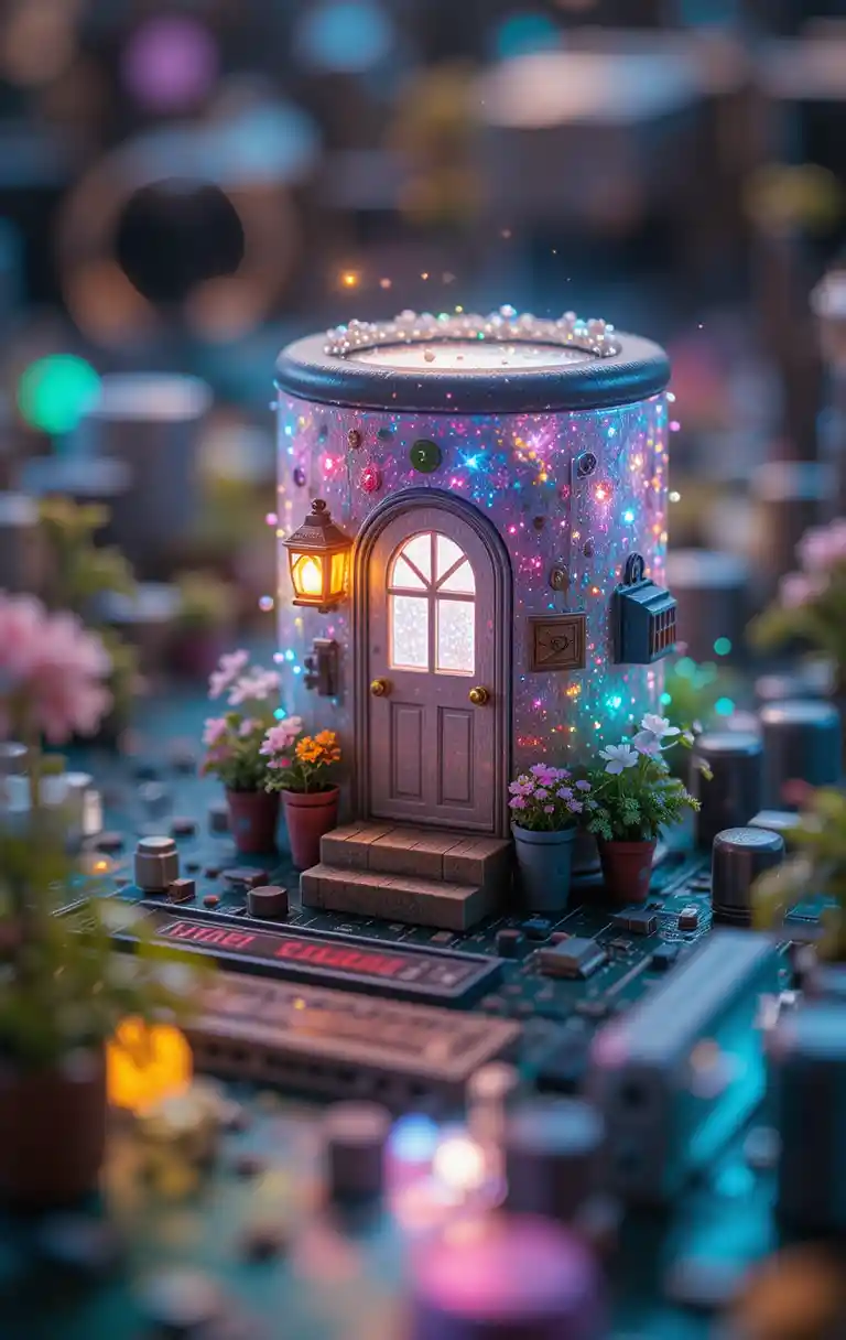 Tiny door home built into a capacitor on a motherboard