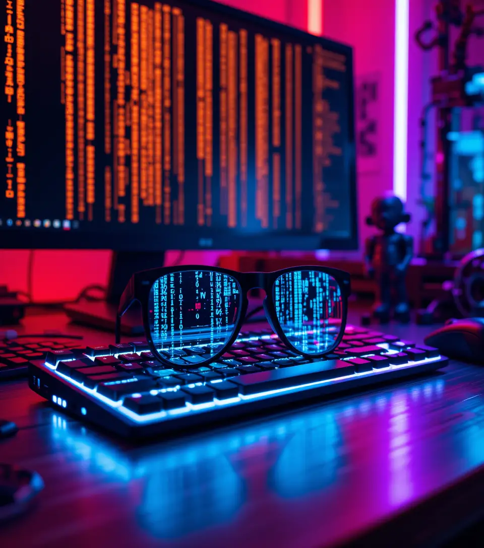 Futuristische Brille, die digitalen Code auf einer Tastatur reflektiert