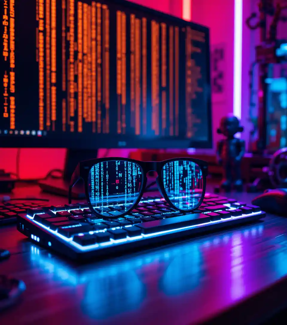 Occhiali futuristici che riflettono codice digitale sulla tastiera