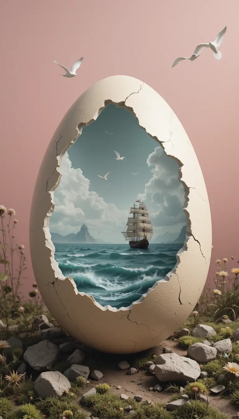 Œuf fissuré surréaliste révélant un océan et un voilier