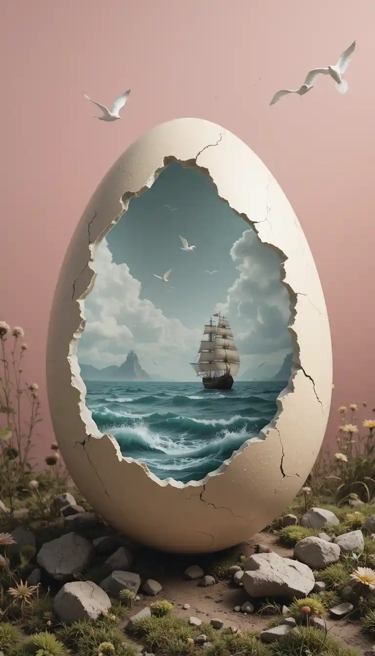 Uovo incrinato surreale che rivela oceano e veliero