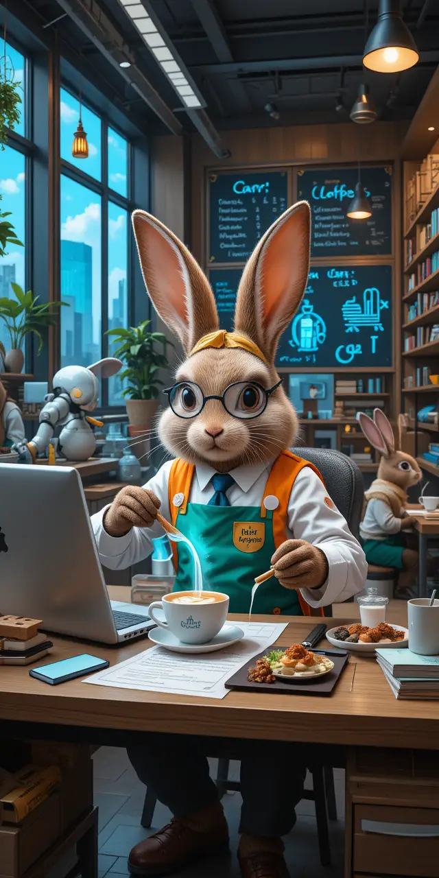 Weißes Bürokaninchen tippt am Schreibtisch auf einem Laptop