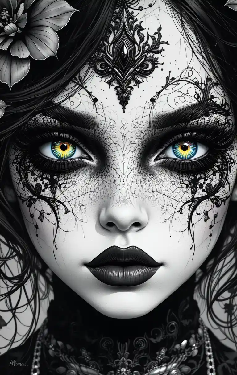 Gothic floral girl portrait with vibrant multicolor eyes