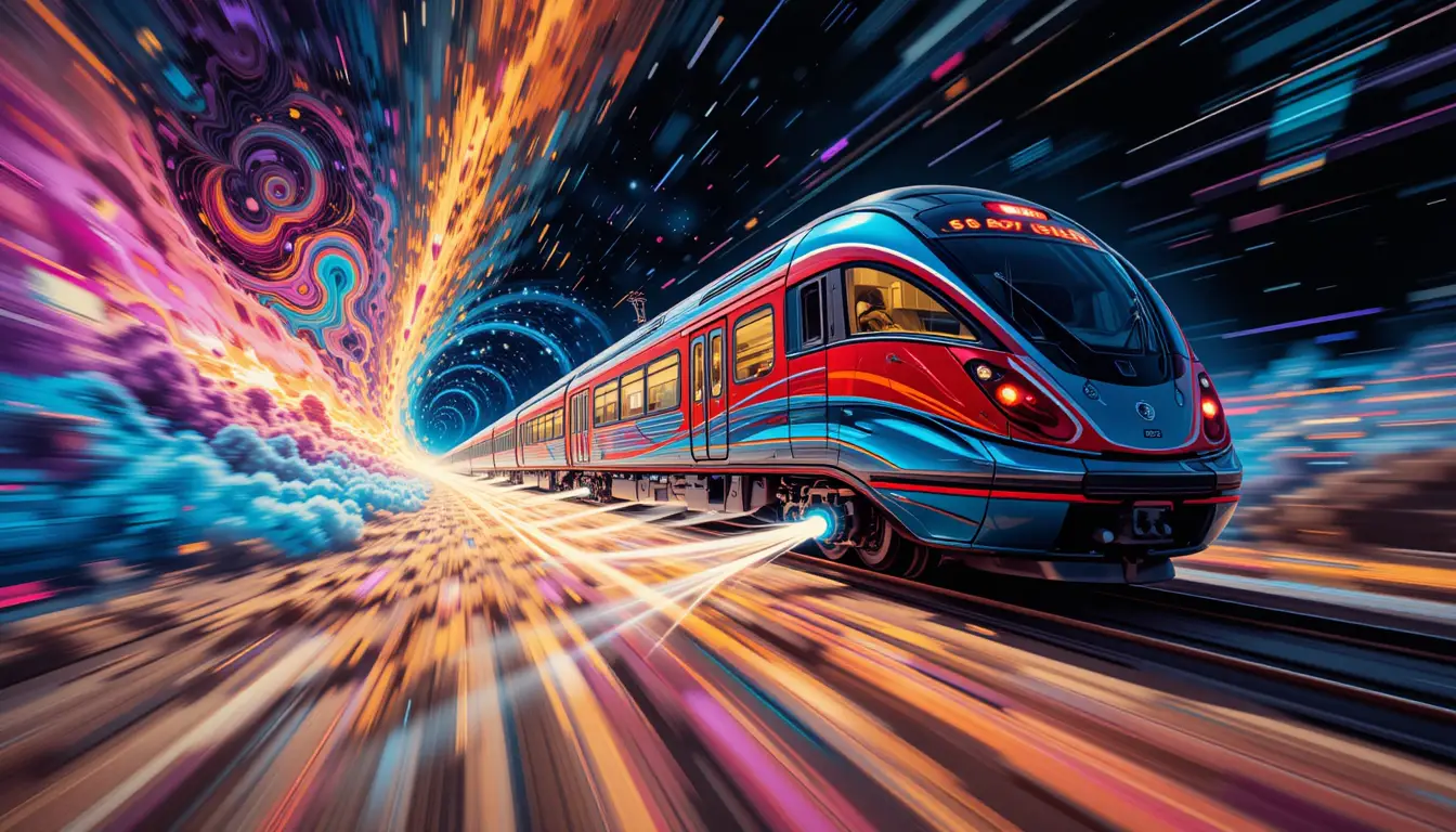 Train intergalactique surréaliste filant dans un espace lointain coloré