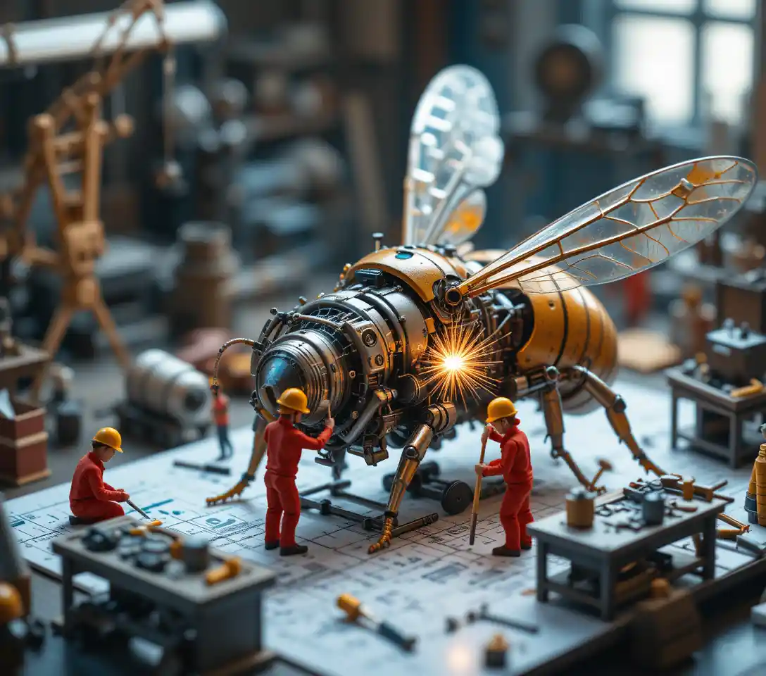Miniature workers building a detailed car engine scene