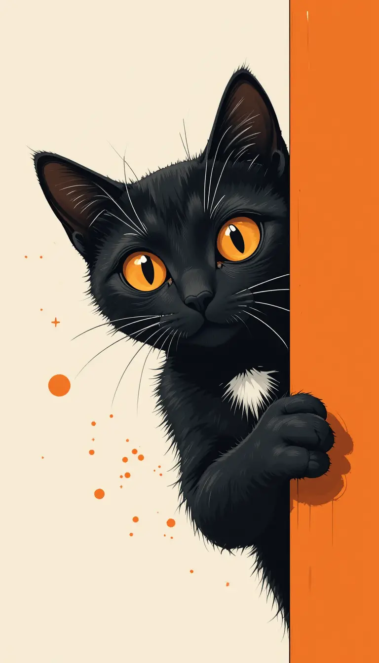 Neugierige schwarze Katze lugt hinter leuchtend oranger Wand hervor