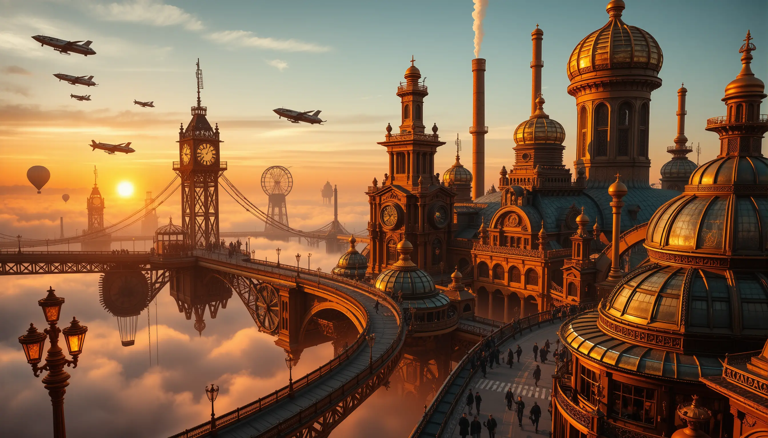Steampunk-Schwebestadt über den Wolken bei Sonnenuntergang