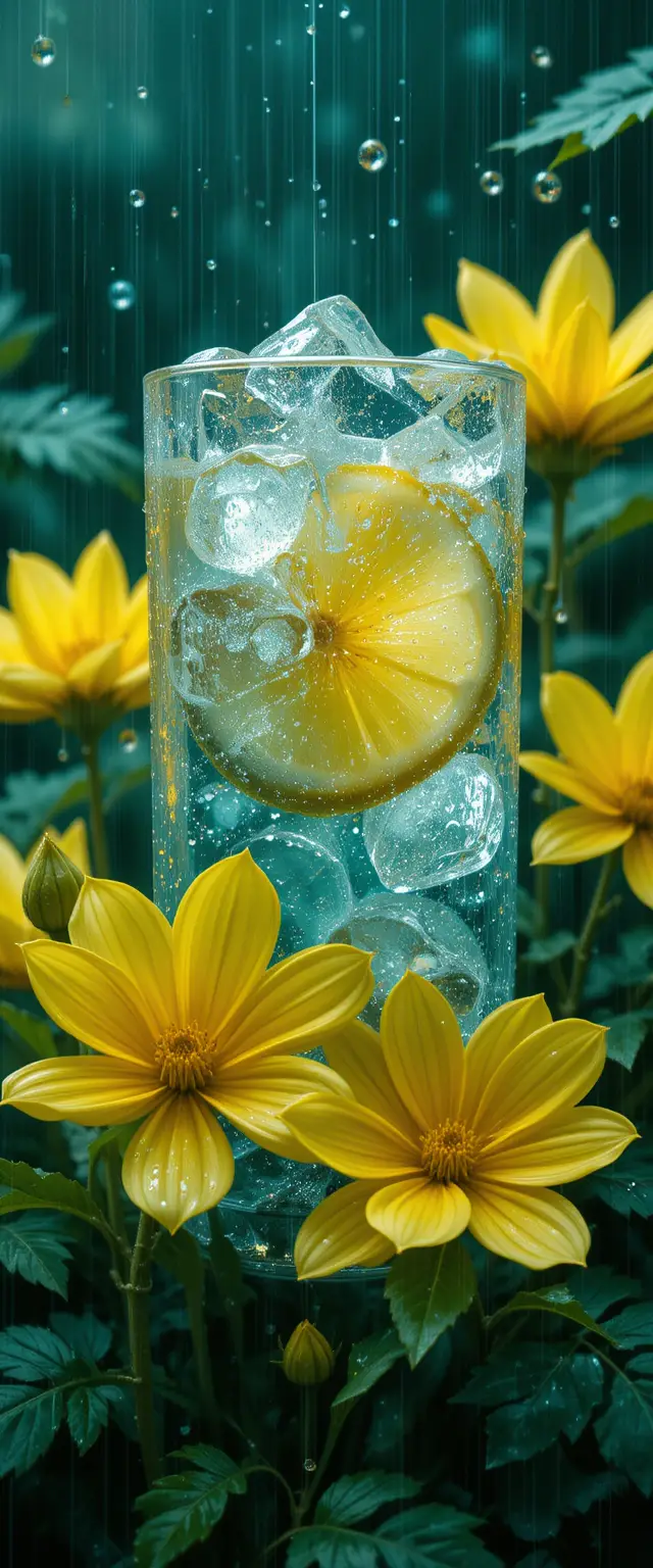 Gros plan de fleurs jaunes avec glace citron sous la pluie