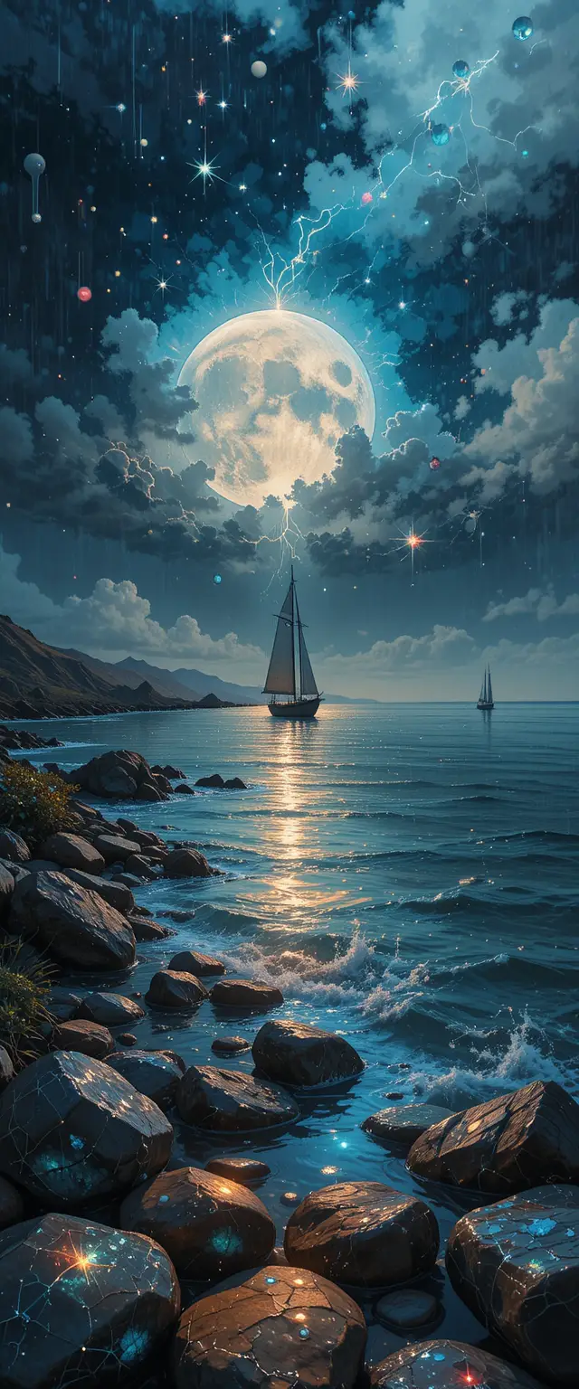 雙重曝光海景：月沒與小船