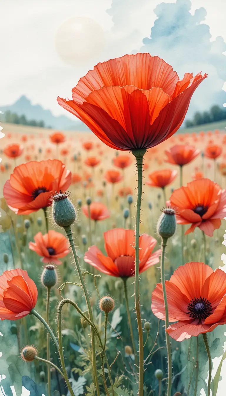 Aquarell-Nahaufnahme einer einzelnen roten Mohnblume im Feld