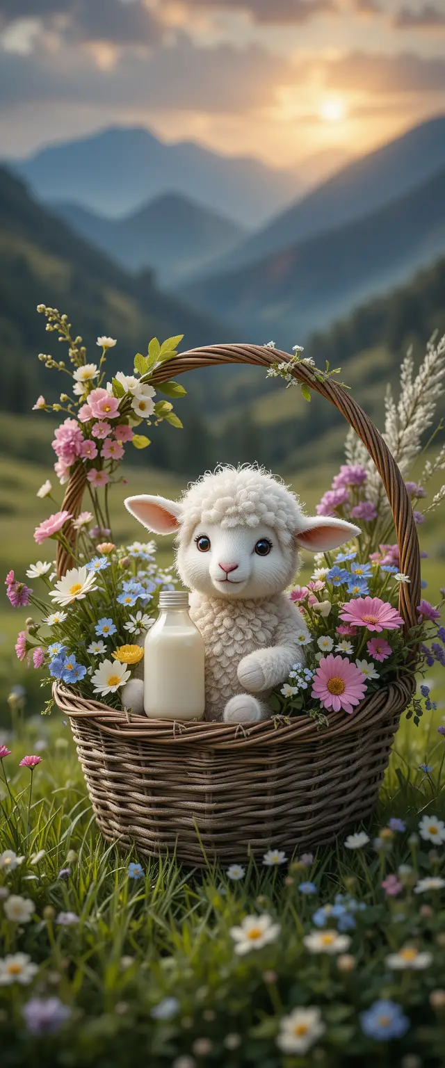 Rustikaler Blumenkorb mit süßer Osterlamm-Illustration