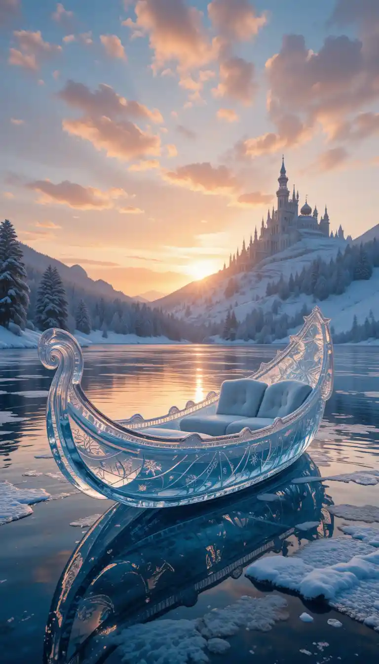 Fairytale ice gondola on a frozen lake at sunset