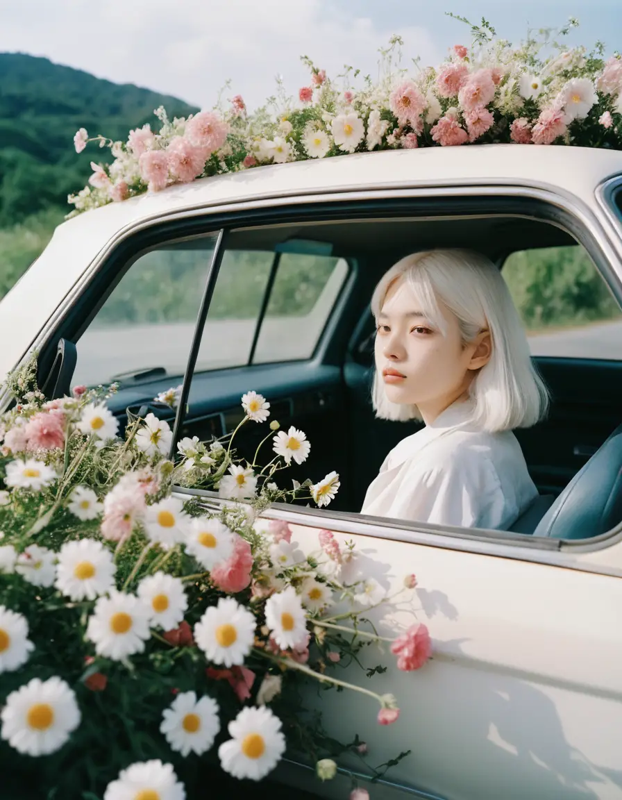 Fille aux cheveux blancs dans un habitacle de voiture rempli de fleurs