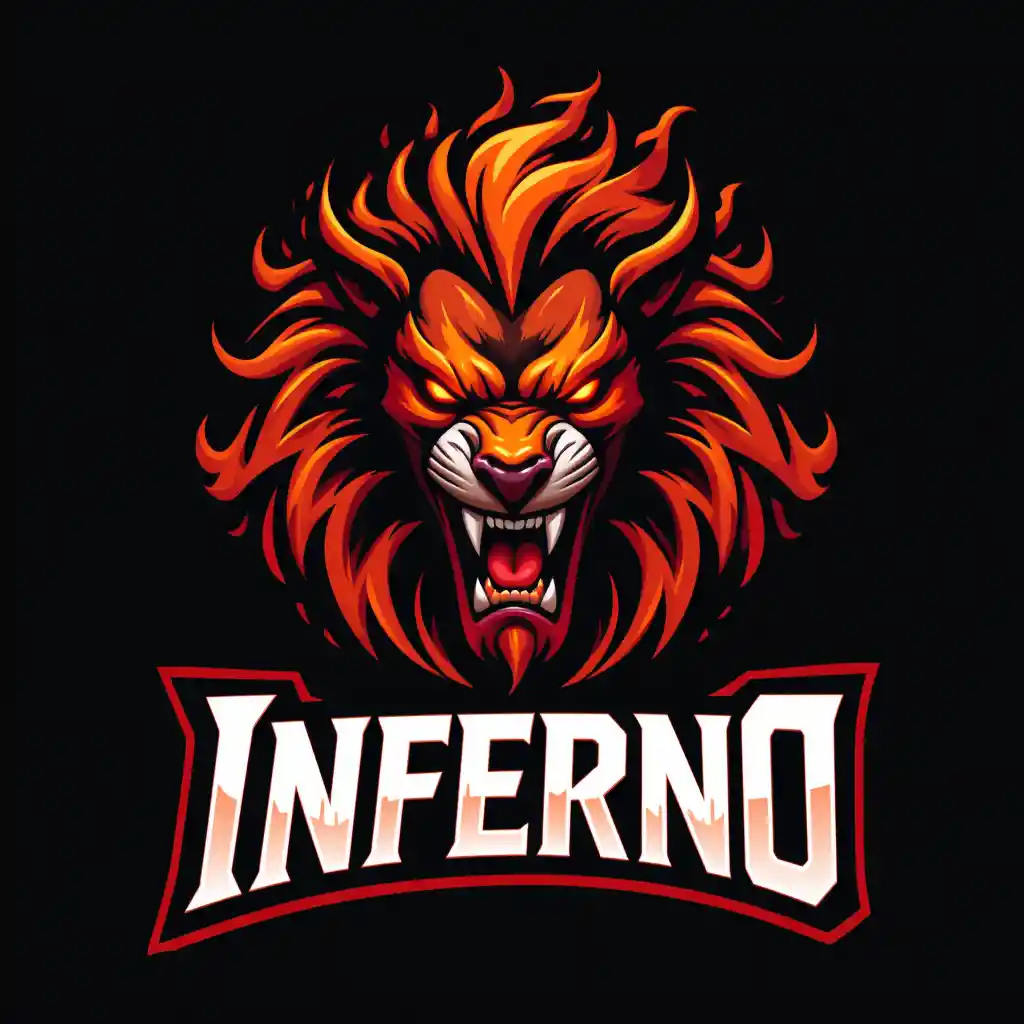 Mascotte di leone demoniaco feroce con criniera di fuoco logo