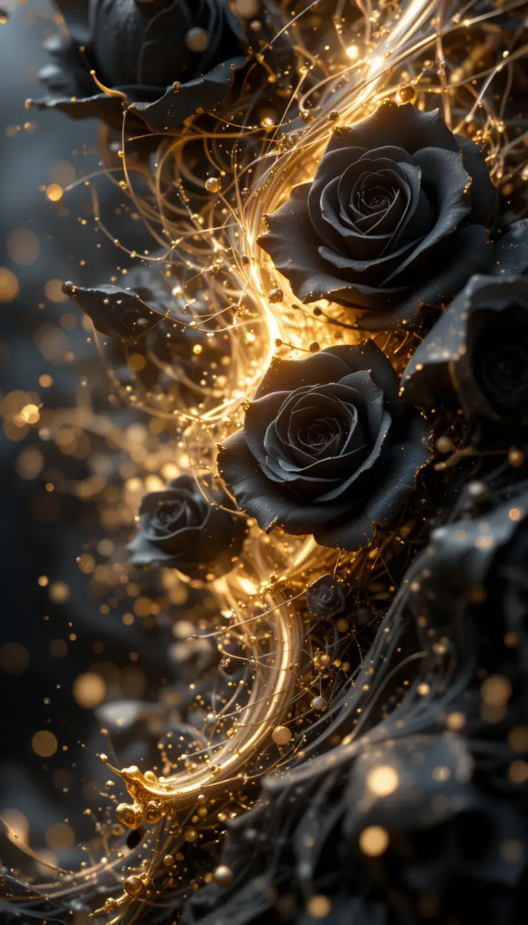 Schwarze Rosen mit komplexem Licht und goldenen Partikeln
