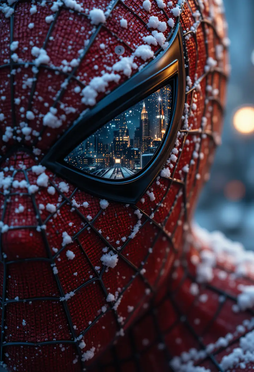 Maschera da supereroe coperta di neve con luci invernali della città riflesse